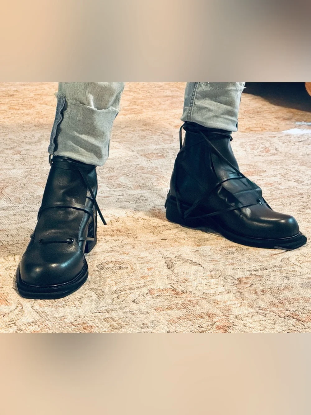 Black Leather Lace-Wrap Ankle Boot
